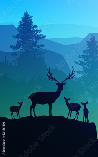 Natural forest mountains horizon trees Landscape wallpaper Sunrise and sunset Herd of deer Illustration vector style Colorful view background © Chakkree