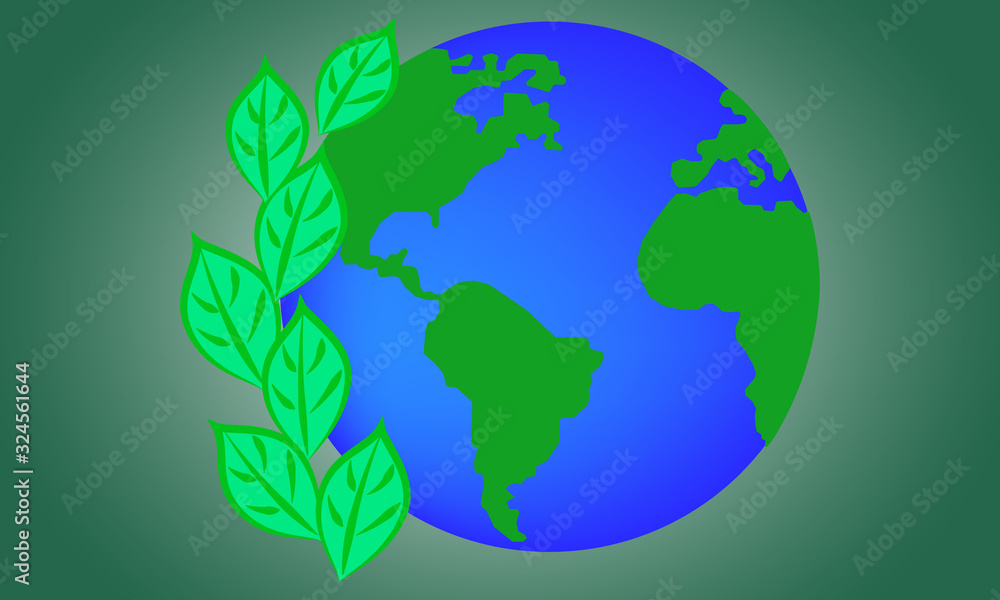 Green Earth and foliage branch, ecology symbol, environmental concept.