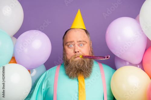 Billede på lærred Close up photo excited crazy man big belly whistle noisemaker celebrate festive