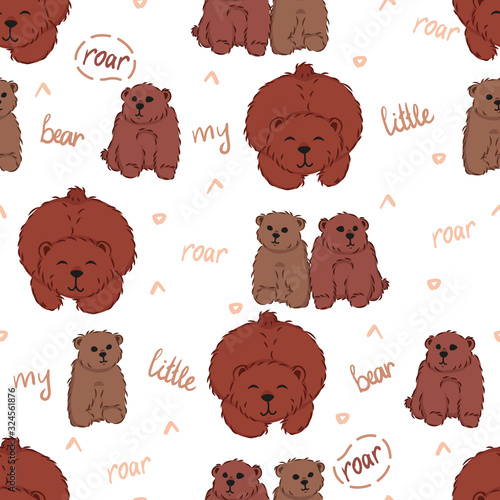 cute cartoon brown bears seamless pattern on white background, wild animals, mama grizzly and babies, editable vector illustration for kids decoration, fabric, textile, paper, print