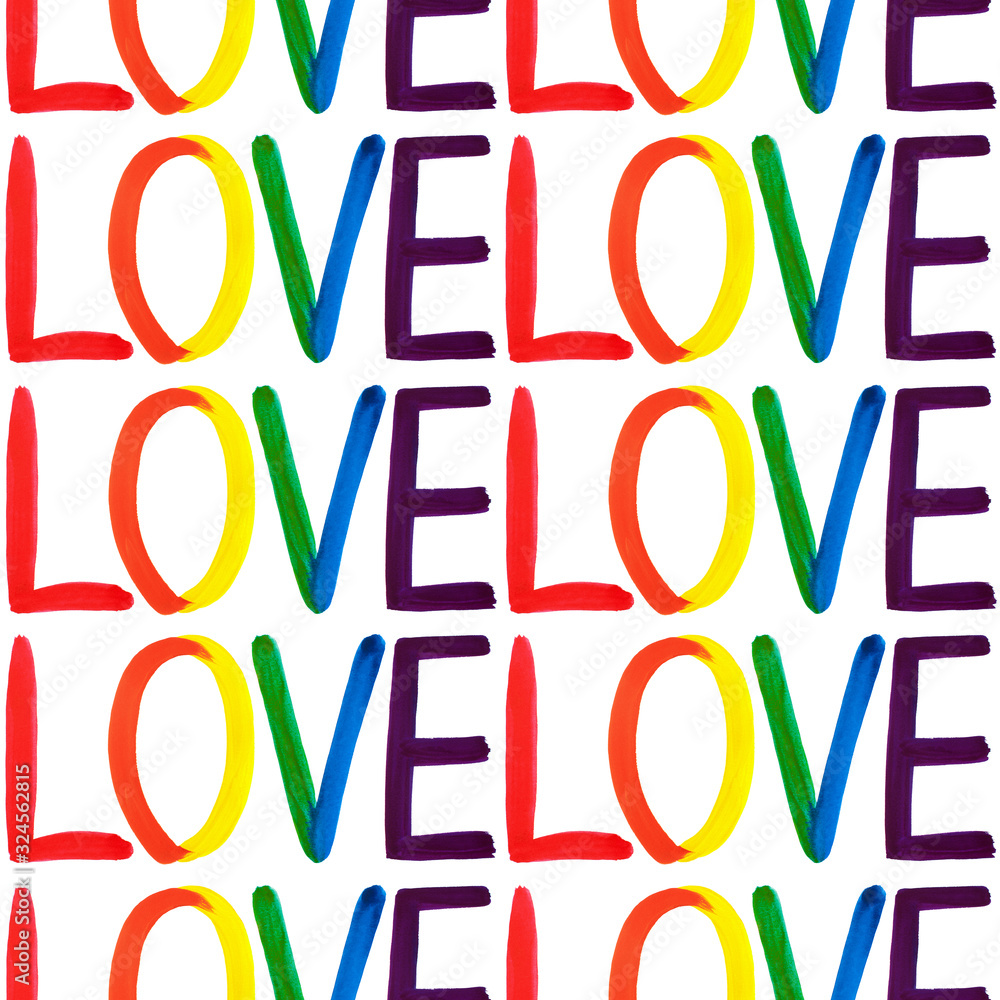 Seamless pattern word LOVE in LGBT rainbow colors flag on white background isolated close up, handwritten letters, LGBTQ repeating ornament, lesbian, gay etc symbol, love sign, art trendy print design