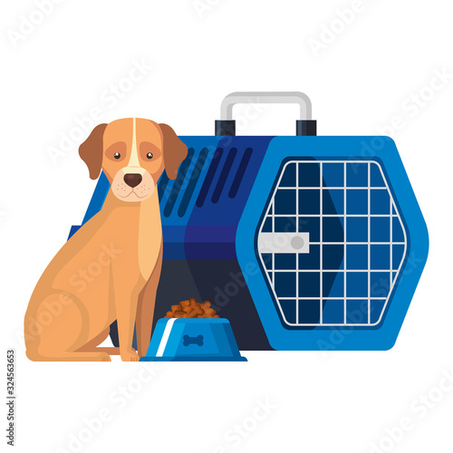 cute dog with dish food and pet carry box vector illustration design