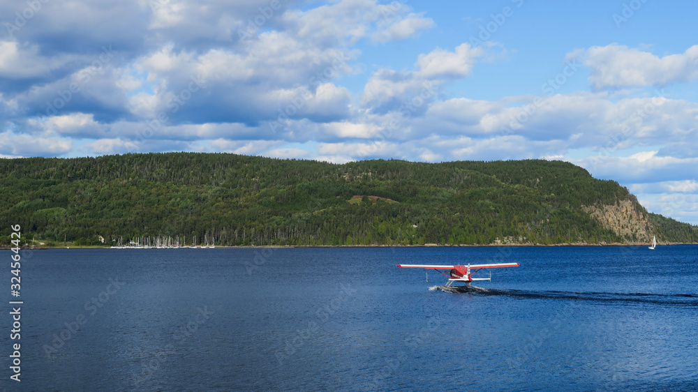 La Baie, Canada - september 2019 : Seaplane landing on the Saguenay river 