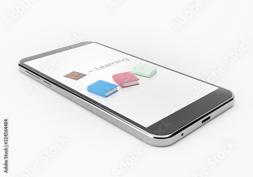 Color books and smart phone on white background, online school concept 3D rendering