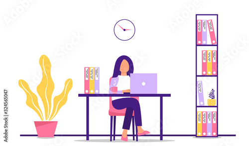 Standard operating procedure. Woman working on laptop in the office at the workplace. Female character sitting at the table. Work on the PC. Vector illustration in a flat cartoon style.