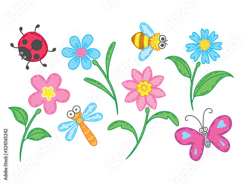 Cute cartoon insects and flowers