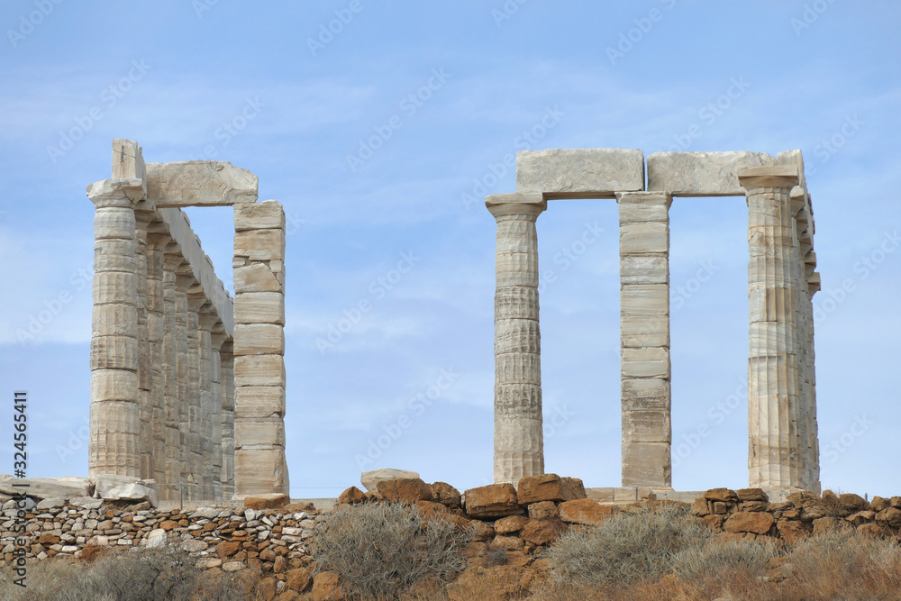 The remains of a Greek temple dedicated to Poseidon, on the promontory of Cape Sunio ,located on the southern tip of Attica, Greece