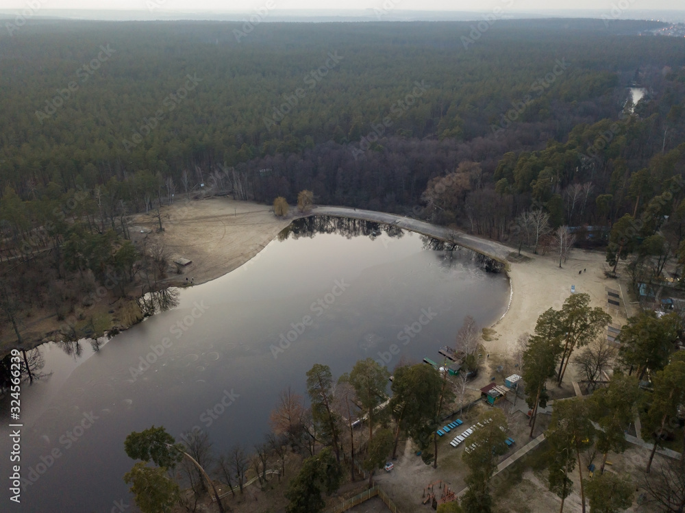 Aerial drone view. Lake in a coniferous forest at dusk.