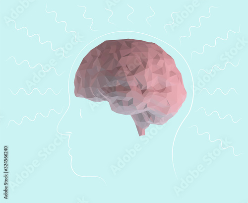 Naklejka Pink Pastel Brains with Brain Waves on Isolated Blue Background. Low Poly Vector 3D Rendering