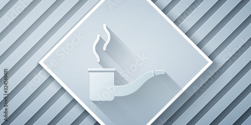 Paper cut Smoking pipe with smoke icon isolated on grey background. Tobacco pipe. Paper art style. Vector Illustration