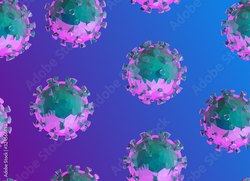 Psychedelic Vaporwave Sars, HIV or Flu Coronavirus Seamless Pattern on Retro Background. Low Poly Vector 3D Rendering
