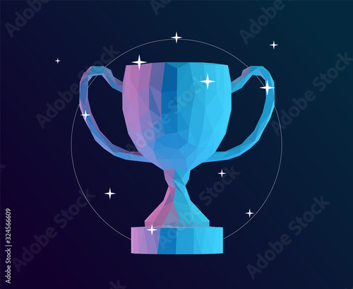 Holographic Trophy Cup on Isolated Background. Vibrant Low Poly Vector 3D Rendering