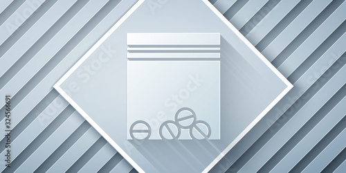 Paper cut Plastic bag of drug icon isolated on grey background. Health danger. Paper art style. Vector Illustration