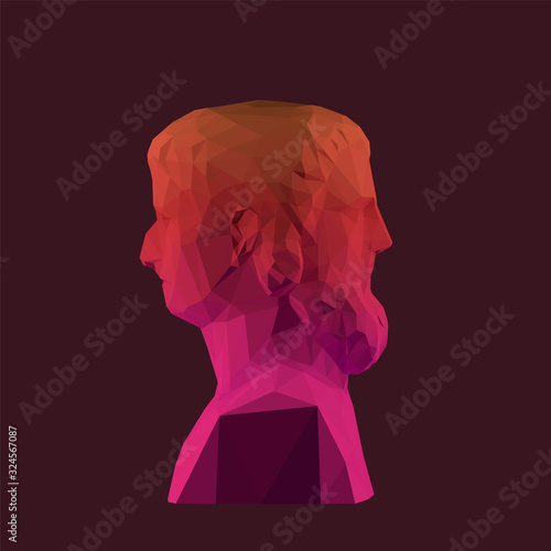 Cool Two-faced Janus, Greek God of Time on Isolated Background. Gradient Low Poly Vector 3D Rendering photo