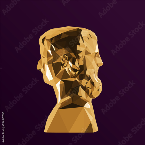 Gold Two-faced Janus, Greek God of Time on Purple Background. Shiny Metallic Golden Low Poly Vector 3D Rendering