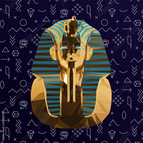 Gold Tutankhamun Burial Mask on Purple Background. Shiny Metallic Golden Low Poly Vector 3D Rendering