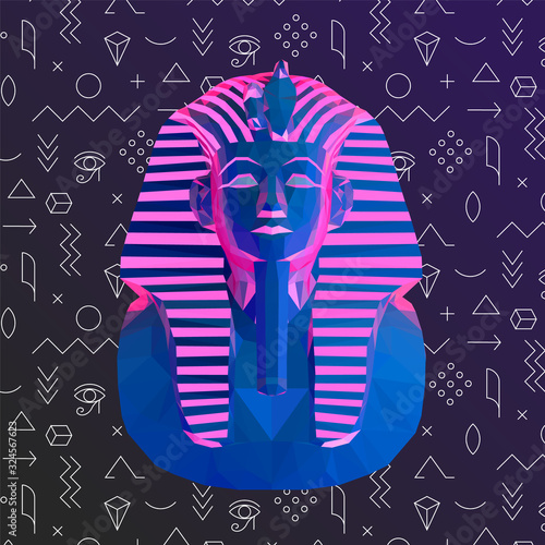 Psychedelic Vaporwave Tutankhamun Burial Mask on Retro Background. Low Poly Vector 3D Rendering