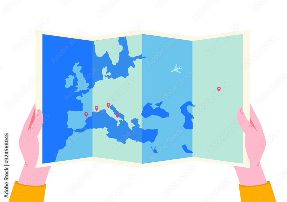 Vetor de Hands hold folded paper map of world with color point markers ...
