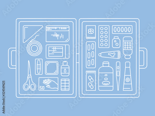 Vector outline illustration of first aid kit. The image includes scissors, cloth tape, bandage, a bottle of antiseptic, sterile gauze pads, roller bandage, gloves, antibiotics and various other pills.