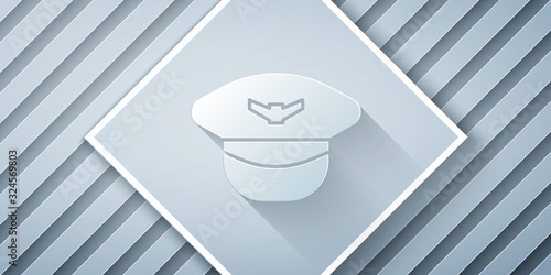 Paper cut Pilot hat icon isolated on grey background. Paper art style. Vector Illustration