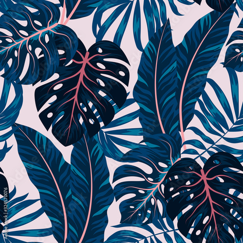 Tropical seamless pattern with colorful plants. Floral seamless vector tropical pattern background with exotic leaves, jungle leaf. Exotic wallpaper, Hawaiian style. Seamless vector texture.