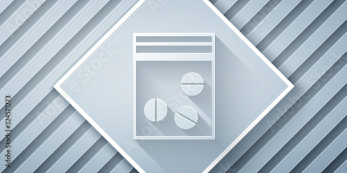 Paper cut Plastic bag of drug icon isolated on grey background. Health danger. Paper art style. Vector Illustration