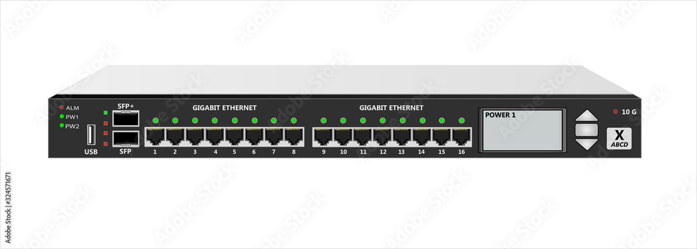 10G router IP traffic for mounting with a 19 inch rack. SFP, SFP+, USB and  16 RG-45 connectors and Router Management Screen. Vector illustration.  Stock Vector | Adobe Stock