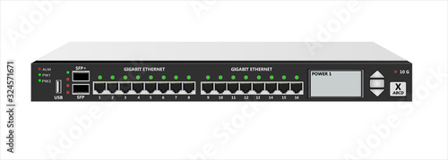 10G router IP traffic for mounting with a 19 inch rack. SFP, SFP+, USB and 16  RG-45 connectors and Router Management Screen. Vector illustration.