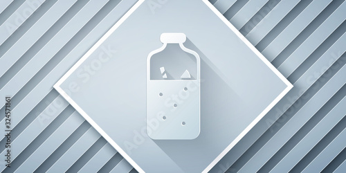 Paper cut Mulled wine with ingredients icon isolated on grey background. Cinnamon stick, clove, lemon slice. Paper art style. Vector Illustration
