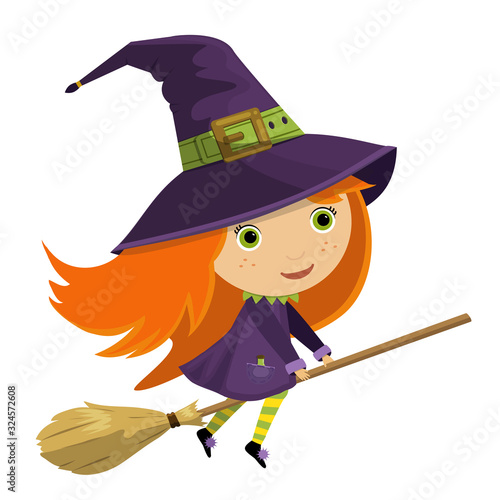 Cute red haired little witch in purple hat riding broomstick. Character for Halloween holiday, kids cards. Vector illustration in cartoon style