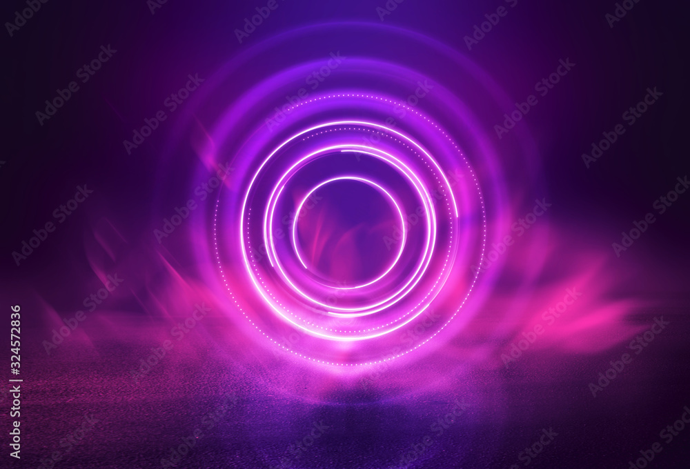 Naklejka premium Dark abstract futuristic background. The geometric shape of the cyber circle in the middle of the scene. Neon blue-pink rays of light on a dark background