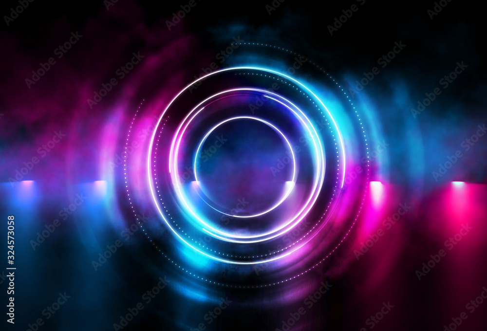 Dark abstract futuristic background. The geometric shape of the cyber circle in the middle of the scene. Neon blue-pink rays of light on a dark background Dark abstract futuristic background. The geometric shape of the cyber circle in the middle of the scene. Neon blue-pink rays of light on a dark background