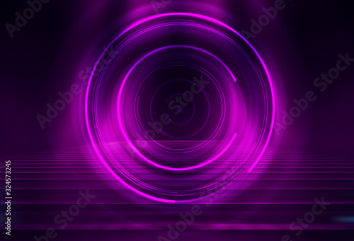 Dark abstract futuristic background. The geometric shape of the cyber circle in the middle of the scene. Neon blue-pink rays of light on a dark background
