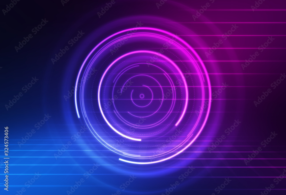 Dark abstract futuristic background. The geometric shape of the cyber circle in the middle of the scene. Neon blue-pink rays of light on a dark background Dark abstract futuristic background. The geometric shape of the cyber circle in the middle of the scene. Neon blue-pink rays of light on a dark background