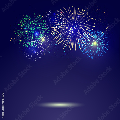 Colorful firework vector pattern on dark background.