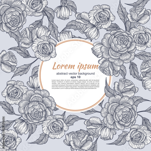Card with flowers of roses. Floral pattern and place for text insertion. Greeting card or wedding invitation. vector illustration.