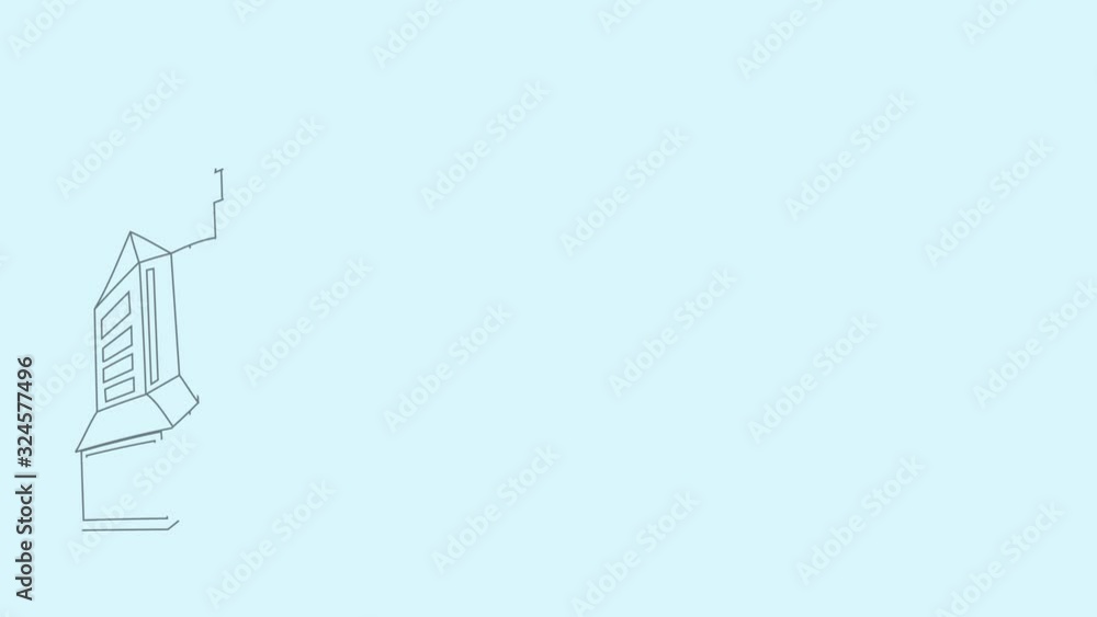 Self drawing sketch animation of cityscape. Blue background. Copy space. Self drawing sketch animation of cityscape. Blue background. Copy space.