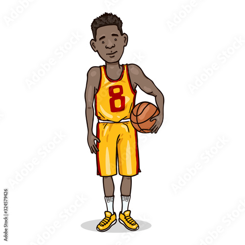 Vector Cartoon Young African Man in Basketball Uniform with a Ball