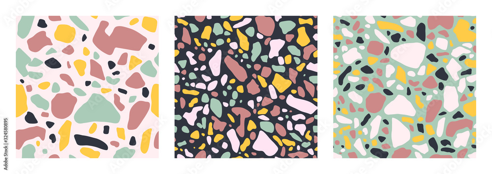 Collection of Terrazzo floor covering seamless pattern in mint, pink, blue and yellow colors. Vector background