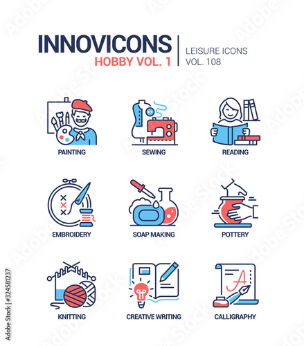 Hobby and activities - line design style icons set