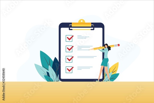 Positive business woman with a giant pencil on his shoulder nearby marked checklist on a clipboard paper. Successful completion of business tasks. Flat vector illustration.