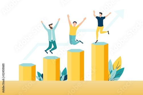 Happy businessmen. Successful business project statistics. Career growth. Modern flat banner design. Vector illustration.