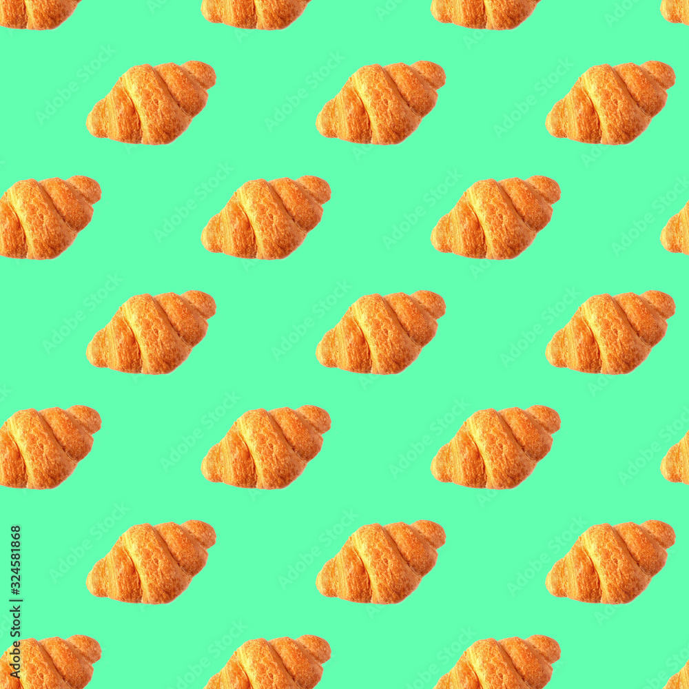 Seamless croissant pattern on mint background. Seamless croissant pattern on mint background.