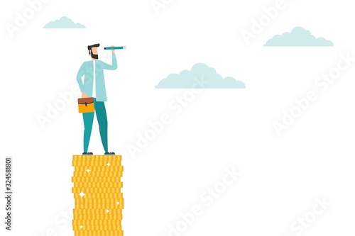 businessman looks through a monocular telescope, stands on a stack of dollar coins in a flat icon design on a white background. Vector