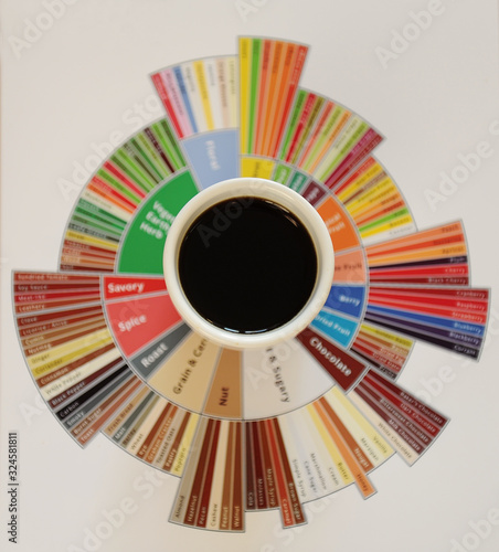 Specialty coffee concept. Black coffee in white cup on taster's flavor wheel. Top view