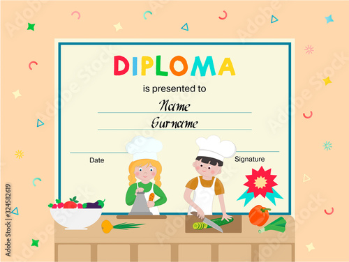 Diploma, certificate, rewarding of participants in childrens cooking courses, contests, master classes