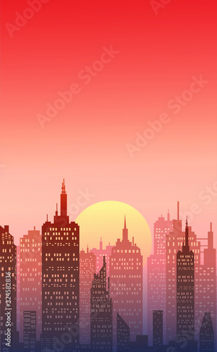 Downtown city wallpaper in the morning and evening landscape wallpaper Illustration vector style Sunlight colorful view background © Chakkree