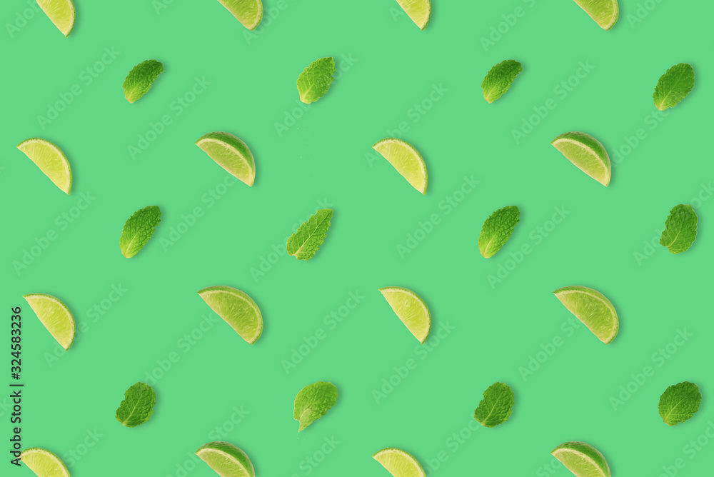 LIMES AND MINTS LEAVES PATTERN ON PASTAL BACKGROUND. LIMES AND MINTS LEAVES PATTERN ON PASTAL BACKGROUND.