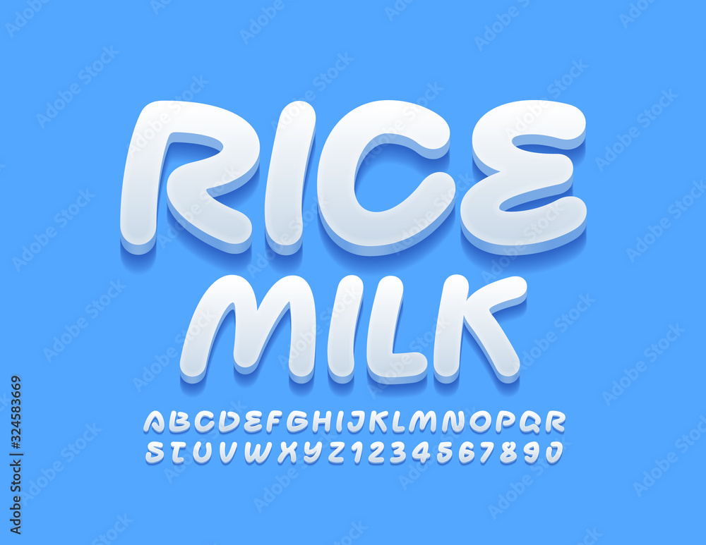 Vector modern logo Rice Milk with white Alphabet Letters and Numbers. Trendy handwritten 3D Font.