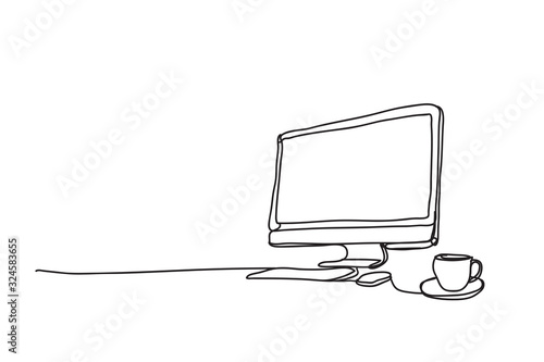 computer and coffee cup ,line drawing style, , vector design